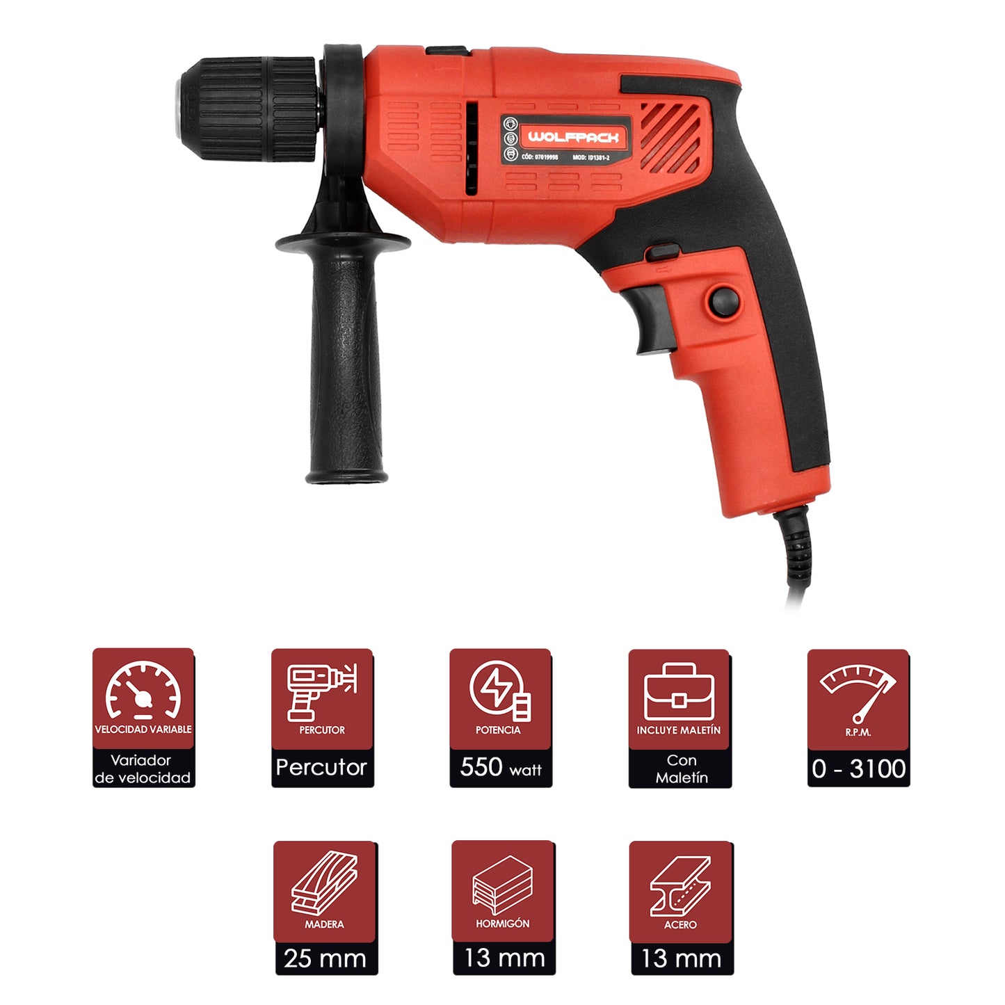 Taladro Percutor 710 Watt 13 mm. Con Variador de Velocidad. Incluye Empuñadura y Guia Metalica.