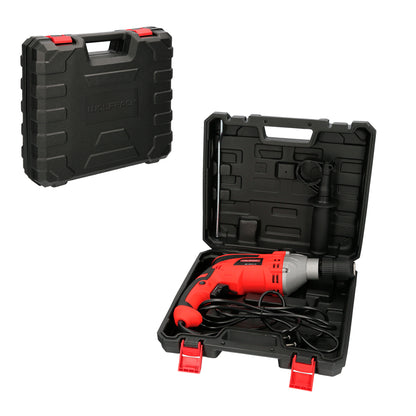 Furadeira Percussão Com Velocidade Variável 1050 Watt. Inclui maleta, alça e guia de metal.