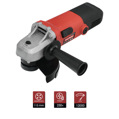 Amoladora 500 Watt. Ø 115 mm. 12.000 R.P.M. Eje M14 Protector Disco Ajustable, Anti arranque