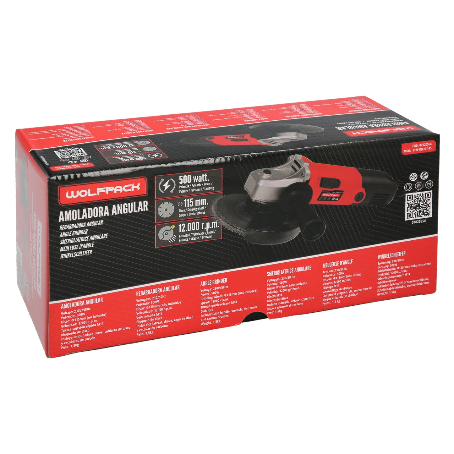 Amoladora 500 Watt. Ø 115 mm. 12.000 R.P.M. Eje M14 Protector Disco Ajustable, Anti arranque