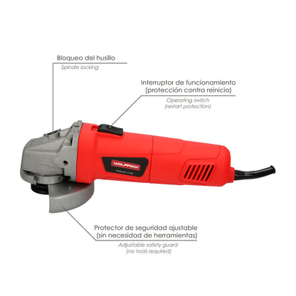 Rebarbadora de 900 Watts. Disco Ø 115 mm. Manopla de 11.000 RPM 3 Posições Eixo M14 Protetor de Disco Ajustável, Antipartida