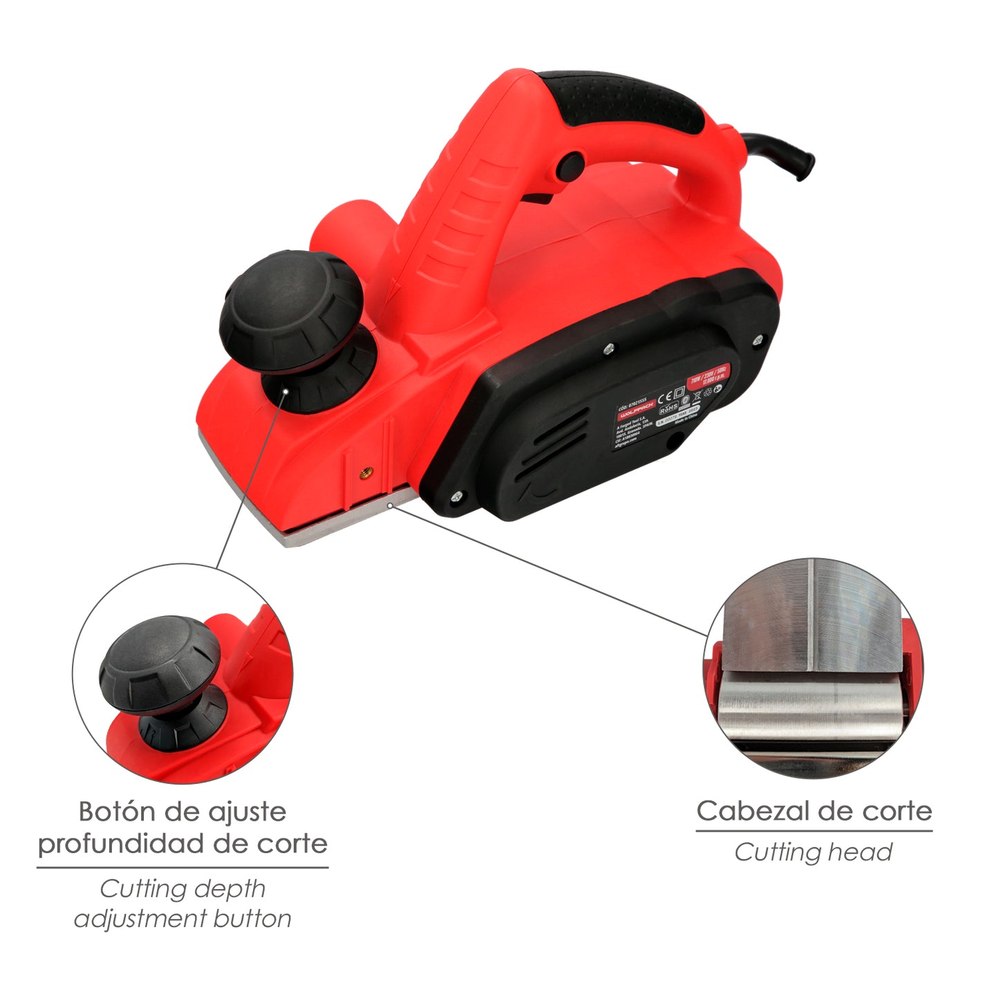 Plaina Elétrica 710 Watts. Largura de corte 82 mm. Profundidade 2 mm. Carpinteiro elétrico de plaina de madeira com base de alumínio / aço