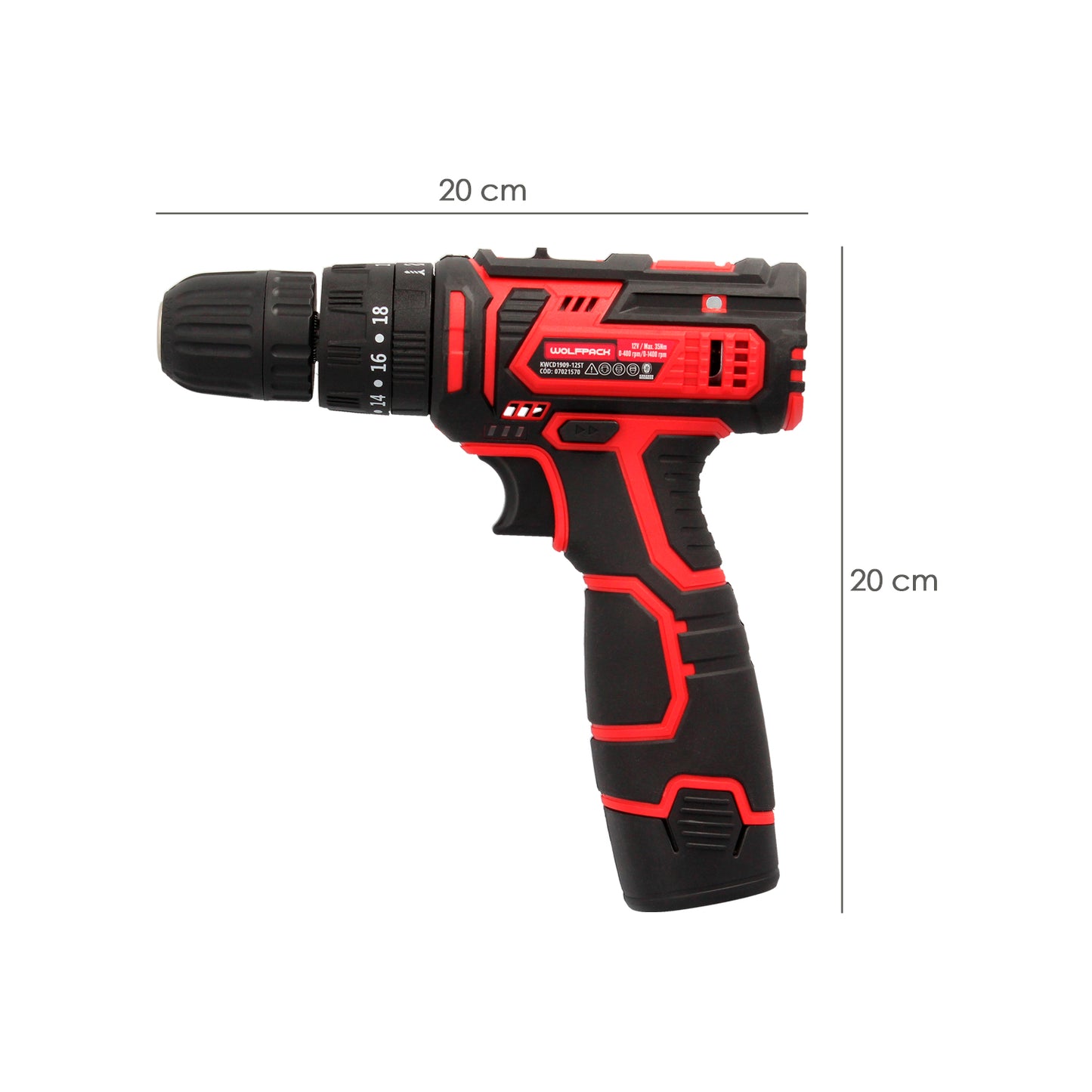 Furadeira com chave de fenda 12 V. Com 2 velocidades e martelo. Bateria de 1.300mAh. Torque de aperto 35 Nm.