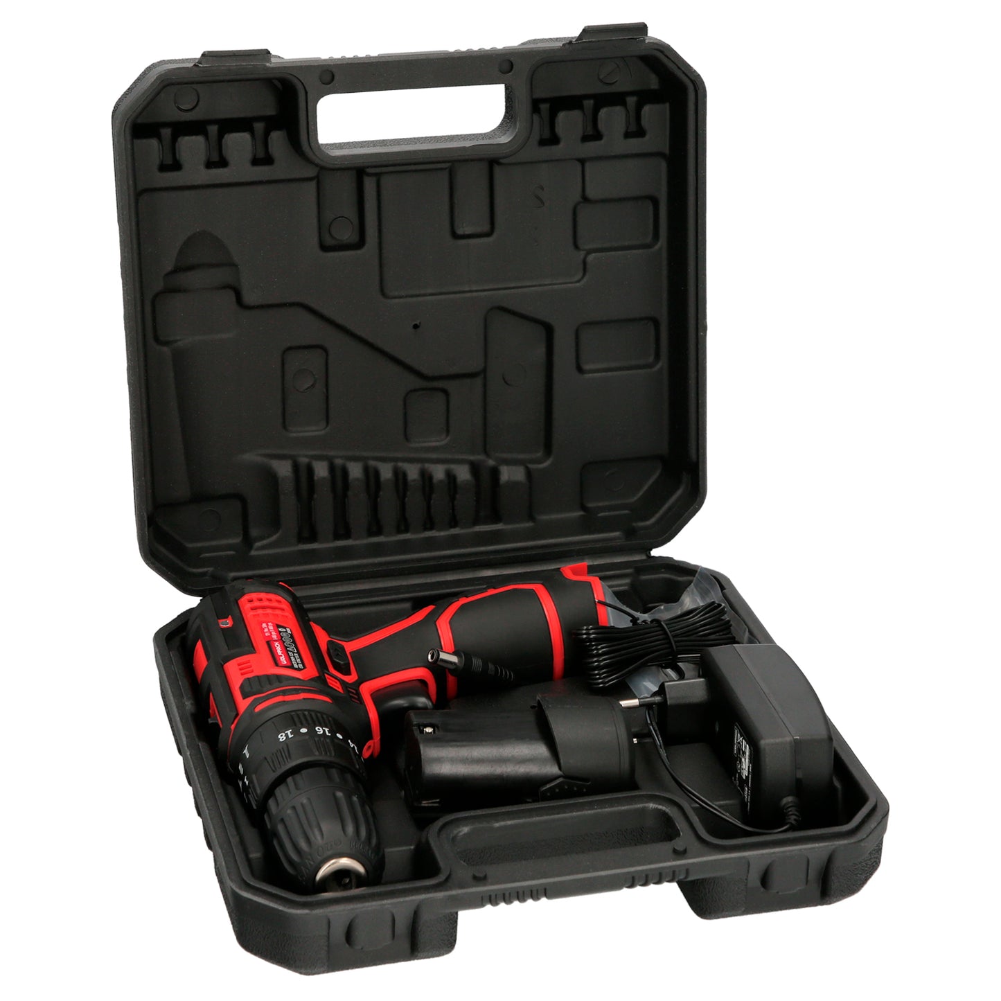 Furadeira com chave de fenda 12 V. Com 2 velocidades e martelo. Bateria de 1.300mAh. Torque de aperto 35 Nm.