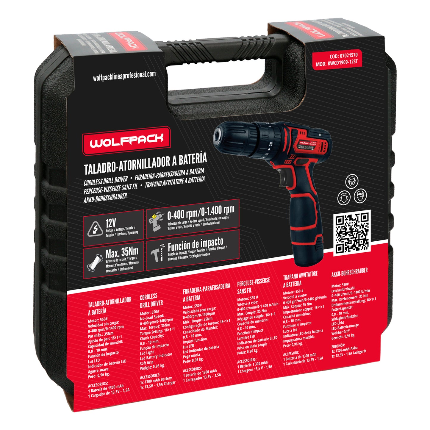 Furadeira com chave de fenda 12 V. Com 2 velocidades e martelo. Bateria de 1.300mAh. Torque de aperto 35 Nm.