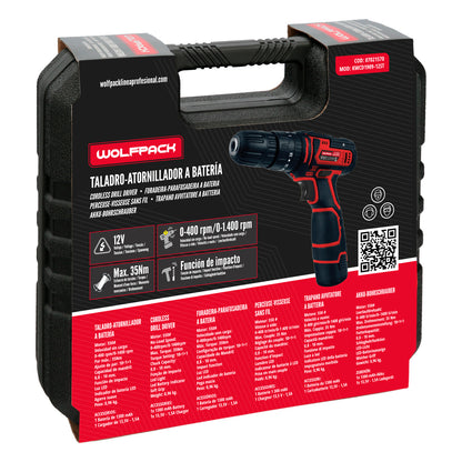 Furadeira com chave de fenda 12 V. Com 2 velocidades e martelo. Bateria de 1.300mAh. Torque de aperto 35 Nm.