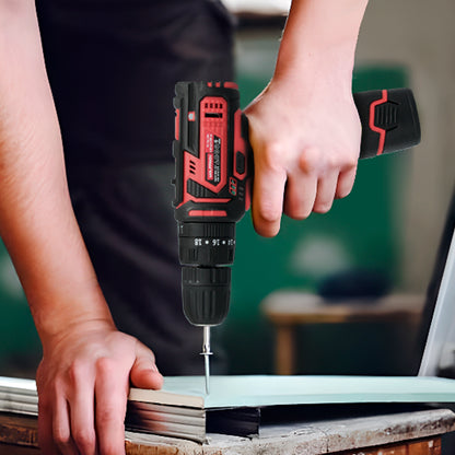 Furadeira com chave de fenda 12 V. Com 2 velocidades e martelo. Bateria de 1.300mAh. Torque de aperto 35 Nm.
