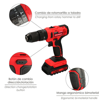 Furadeira com chave de fenda 20 V. Com 2 velocidades e martelo. Bateria 2 Ah. Torque de aperto 35 Nm.