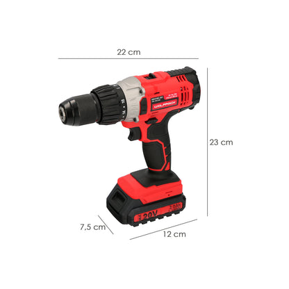 Furadeira com chave de fenda 20 V. Com 2 velocidades e martelo. Bateria 2 Ah. Torque de aperto 50 Nm.