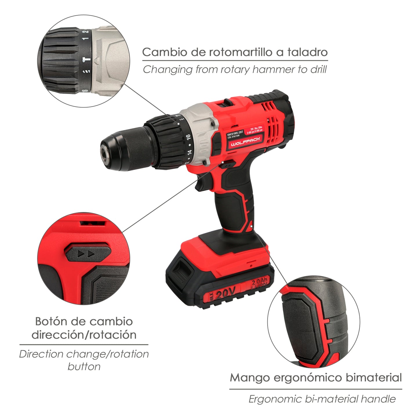 Furadeira com chave de fenda 20 V. Com 2 velocidades e martelo. Bateria 2 Ah. Torque de aperto 50 Nm.