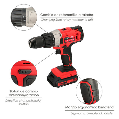 Furadeira com chave de fenda 20 V. Com 2 velocidades e martelo. Bateria 2 Ah. Torque de aperto 50 Nm.