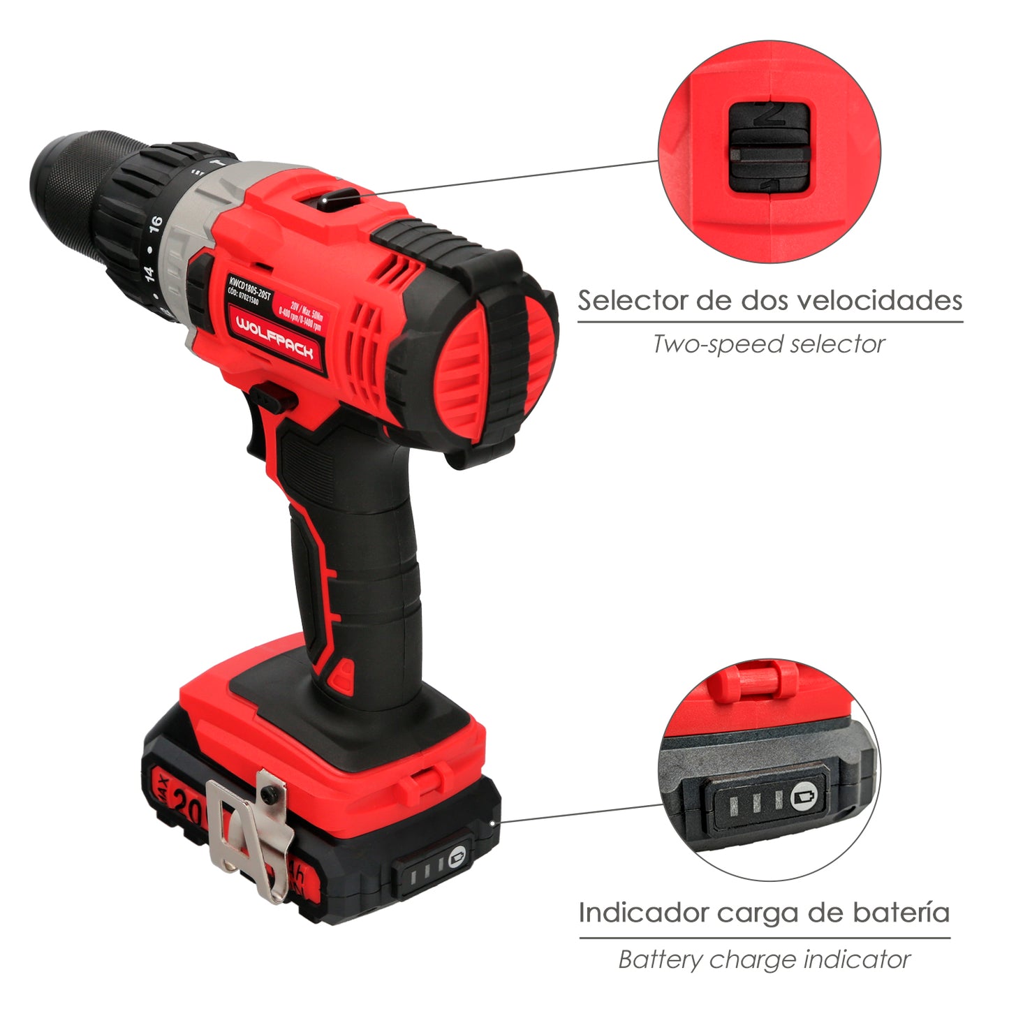 Furadeira com chave de fenda 20 V. Com 2 velocidades e martelo. Bateria 2 Ah. Torque de aperto 50 Nm.