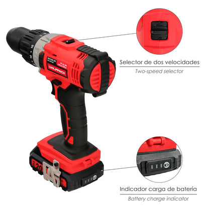 Furadeira com chave de fenda 20 V. Com 2 velocidades e martelo. Bateria 2 Ah. Torque de aperto 50 Nm.
