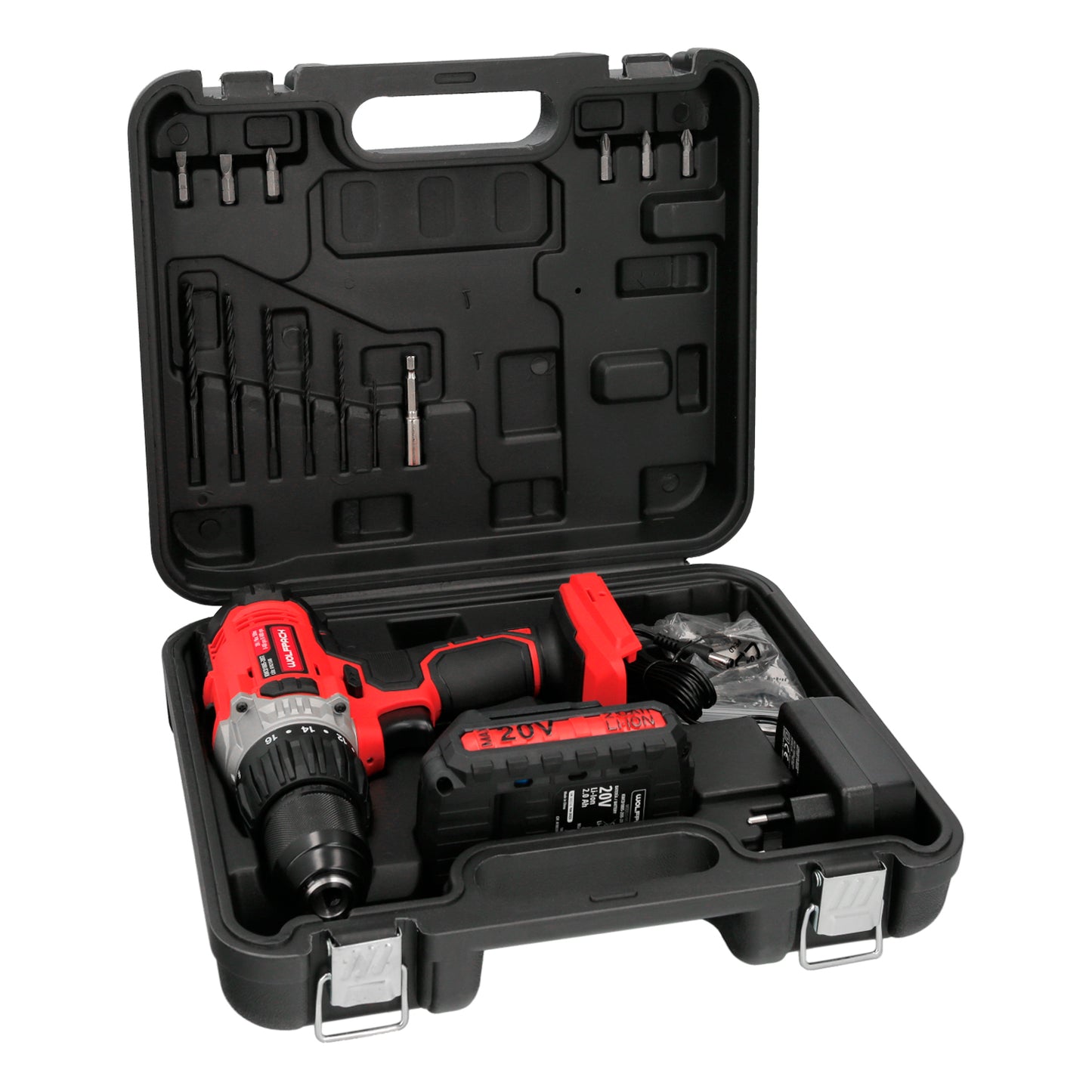 Furadeira com chave de fenda 20 V. Com 2 velocidades e martelo. Bateria 2 Ah. Torque de aperto 50 Nm.