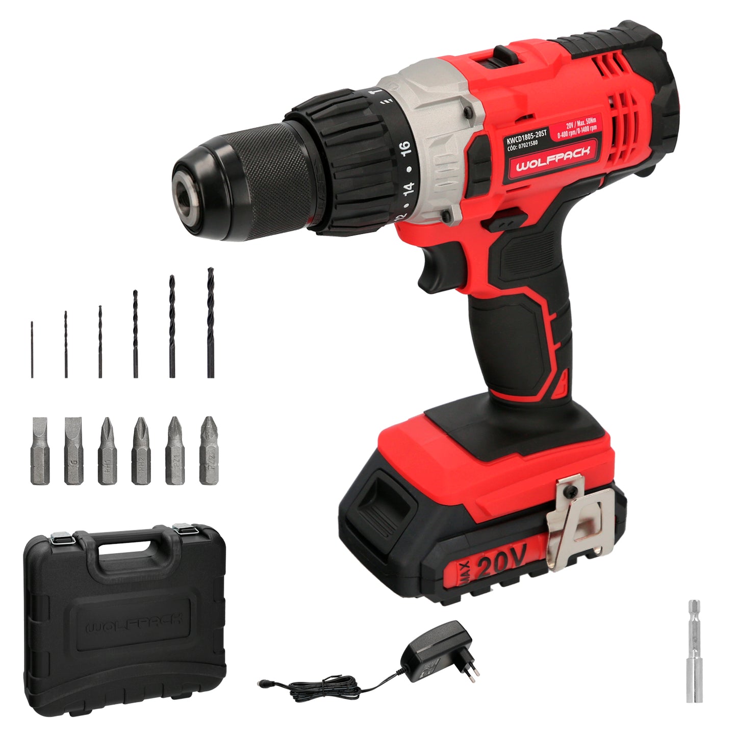 Furadeira com chave de fenda 20 V. Com 2 velocidades e martelo. Bateria 2 Ah. Torque de aperto 50 Nm.