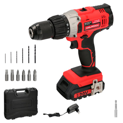 Furadeira com chave de fenda 20 V. Com 2 velocidades e martelo. Bateria 2 Ah. Torque de aperto 50 Nm.