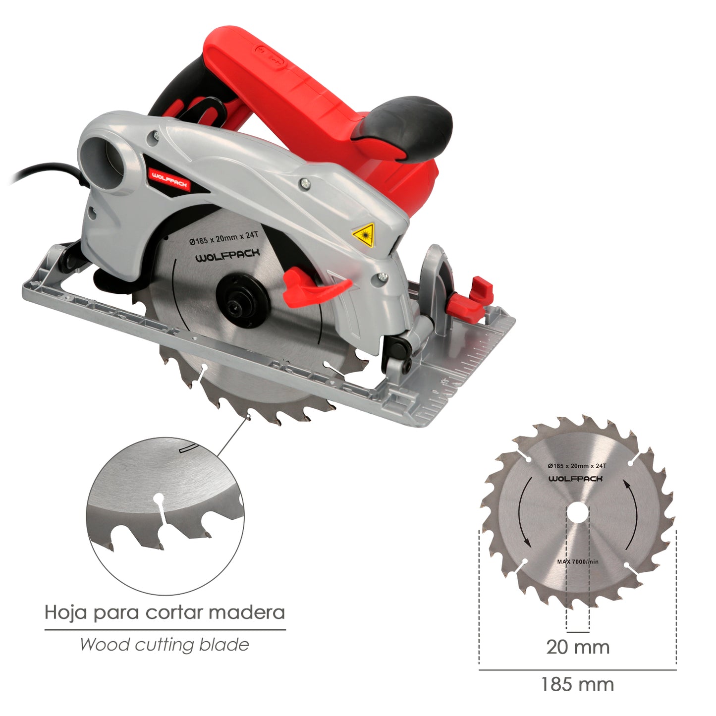 Sierra Circular 1300 Watt. Con Laser Disco 185 mm. 4.700 RPM Corte Inglete Regulador de Profundidad. Ingletadora, Sierra Madera