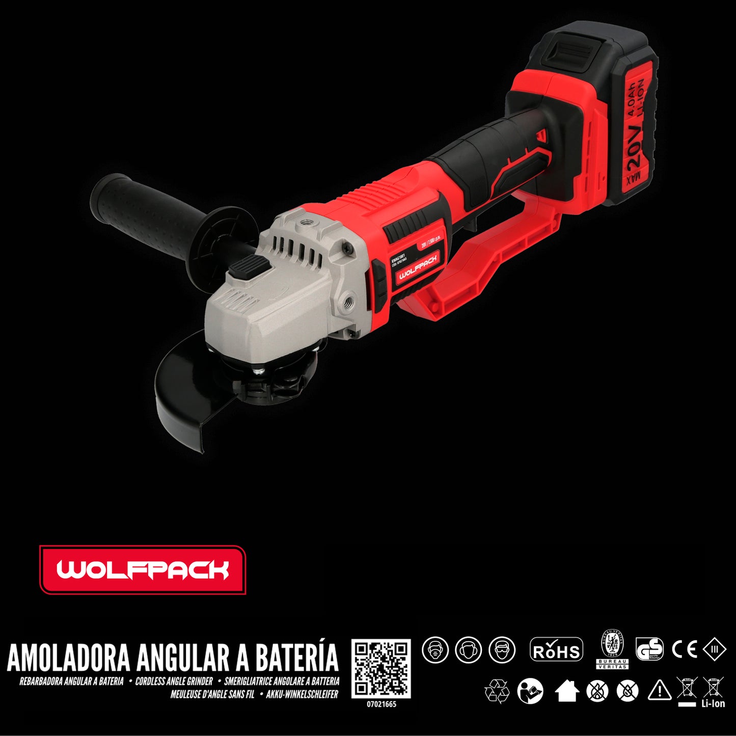 Amoladora A Bateria 20 Volt. Con Bateria 4.0 Ah. Ø 115 mm. 7.000 R.P.M. Mango 3 Posiciones Eje M14 Protector Disco Ajustable