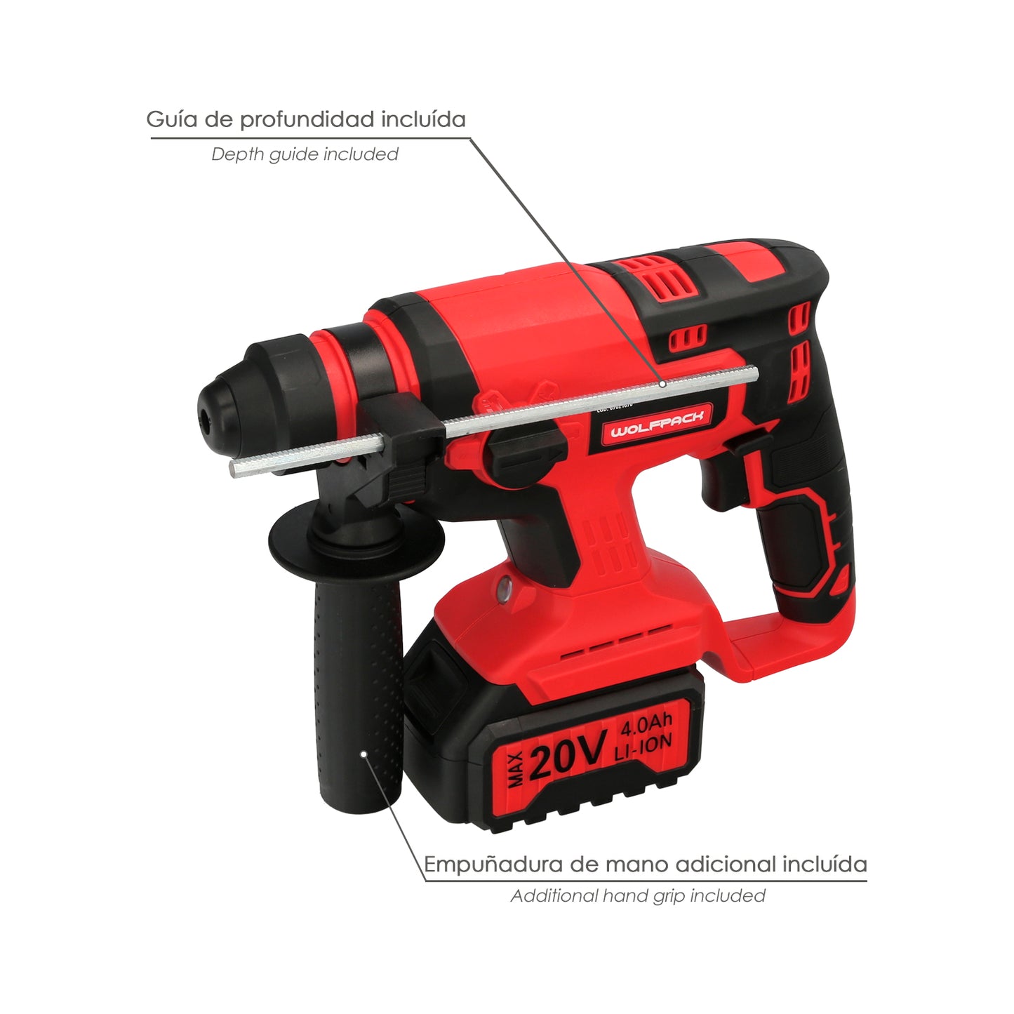 Martillo SDS PLUS A Bateria 20 Volt. Con Bateria 4.0 Ah. 1.400 R.P.M. 3 Funciones Cincelar, Perforar y Perforar con Martillo