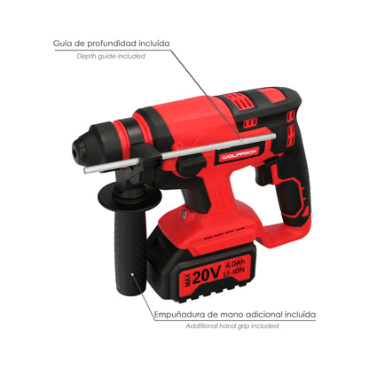 Martillo SDS PLUS A Bateria 20 Volt. Con Bateria 4.0 Ah. 1.400 R.P.M. 3 Funciones Cincelar, Perforar y Perforar con Martillo