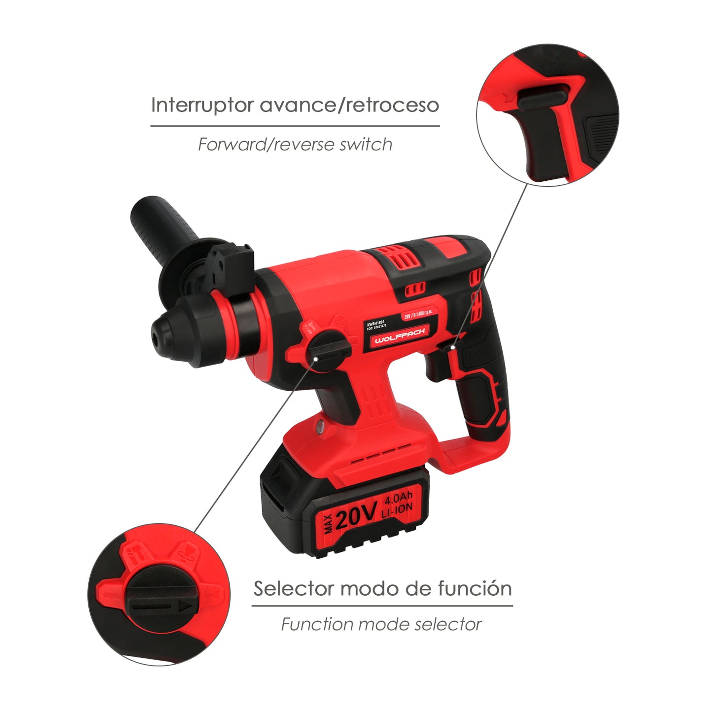 Martillo SDS PLUS A Bateria 20 Volt. Con Bateria 4.0 Ah. 1.400 R.P.M. 3 Funciones Cincelar, Perforar y Perforar con Martillo