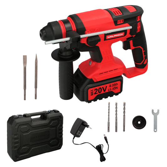 Martillo SDS PLUS A Bateria 20 Volt. Con Bateria 4.0 Ah. 1.400 R.P.M. 3 Funciones Cincelar, Perforar y Perforar con Martillo