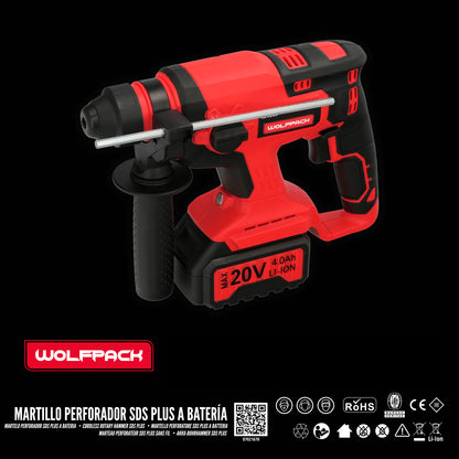 Martillo SDS PLUS A Bateria 20 Volt. Con Bateria 4.0 Ah. 1.400 R.P.M. 3 Funciones Cincelar, Perforar y Perforar con Martillo