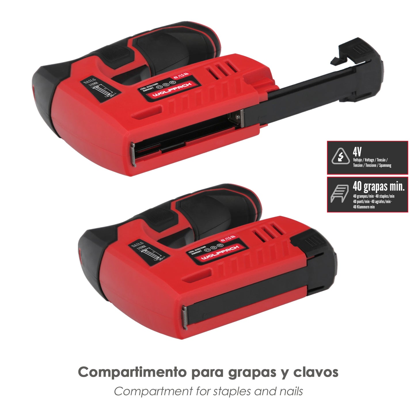 Clavadora Grapadora  Recargable, Pistola Grapas y Clavos, Clavadora a Bateria, 1.500 mAh, 40 Grapas Minuto Con Grapas y Clavos