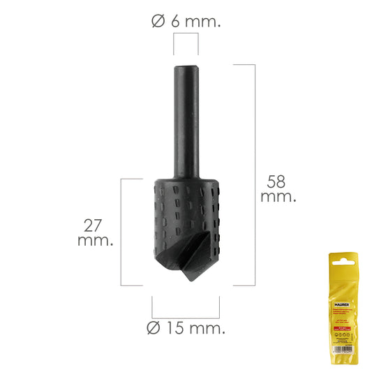 Rebarba rotativa para madeira para esvaziamento Ø 15 mm. Para furadeira/fresadora