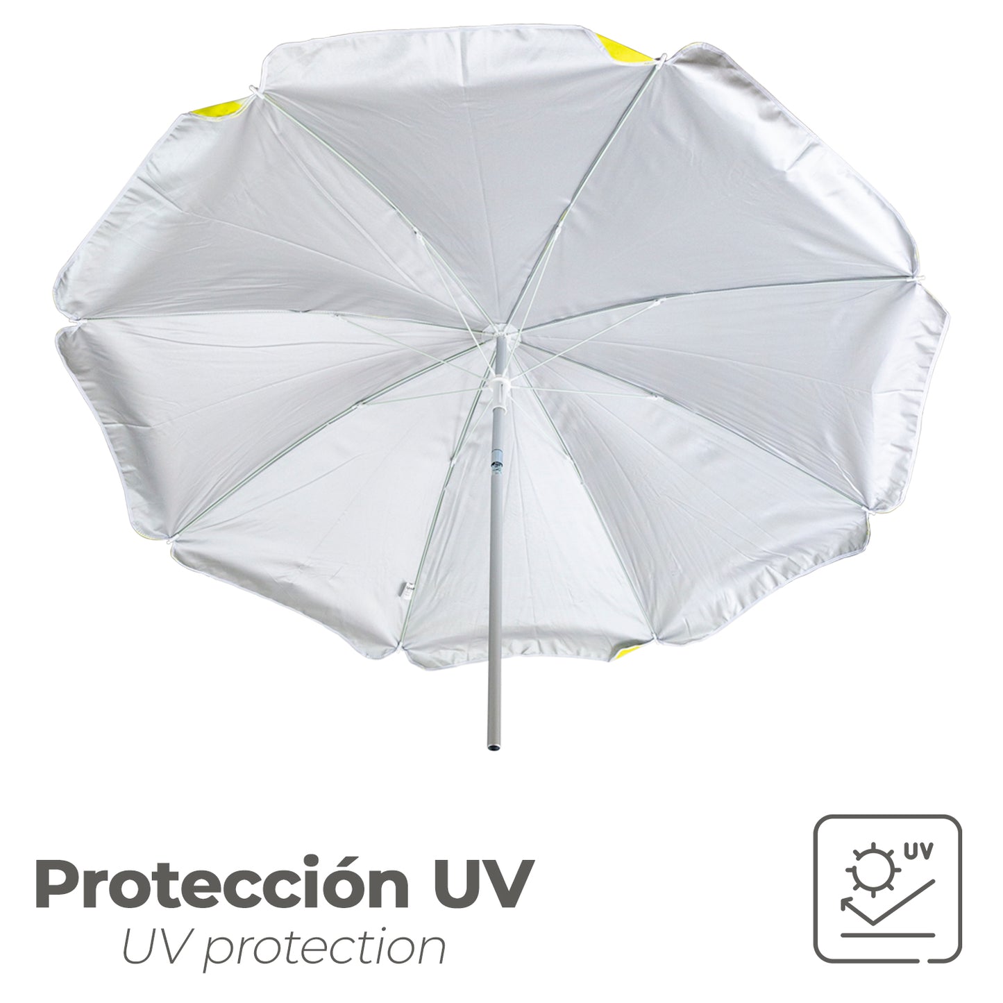 Sombrilla Playa Aluminio / Poliester Ø 180 cm. Amarilla y  Blanca. Varillas Fibra De Vidrio. Protección UV.