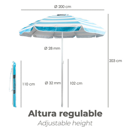 Sombrilla Playa Aluminio / Poliester Ø 200 cm. Azul y  Blanca. Varillas Fibra De Vidrio. Protección Uv. Sistema Antiviento.