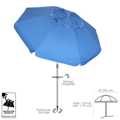 Guarda-chuva de praia de alumínio extra grande Ø 220 cm. Com proteção UV, cúspide à prova de vento, mastro de alumínio com alça e espiral