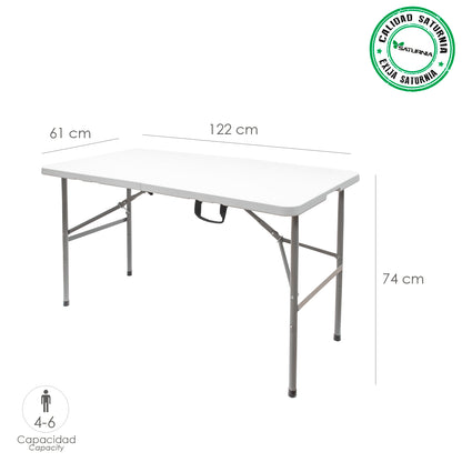 Mesa Dobrável Retangular PEAD Multifuncional, Portátil, Resistente, Multiuso 122x61x74 cm. Cor branca