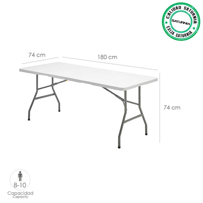 Mesa Dobrável Retangular PEAD Multifuncional, Portátil, Resistente, Multiuso 180x74x74 cm. Cor branca