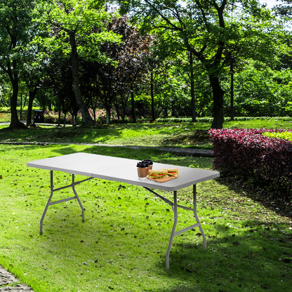 Mesa Dobrável Retangular PEAD Multifuncional, Portátil, Resistente, Multiuso 180x74x74 cm. Cor branca