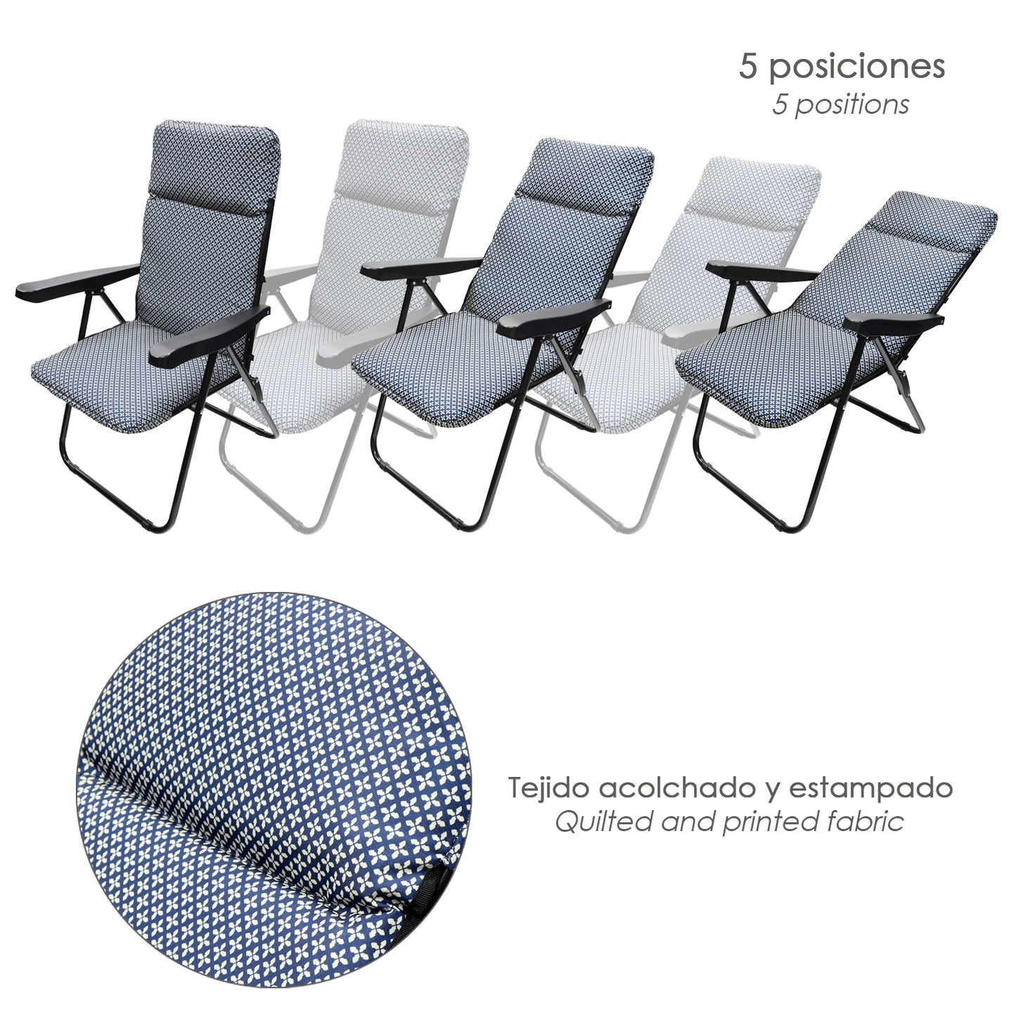 Silla Playa Acolchada, Estructura Acero Reclinable 5 Posiciones, Silla Multiposición, Silla Con Reposabrazos