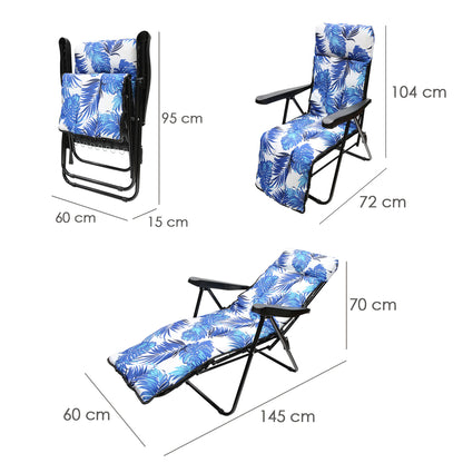 Cadeira de praia acolchoada, estrutura de aço reclinável de 5 posições com apoio para os pés, cadeira multiposições, cadeira com braços