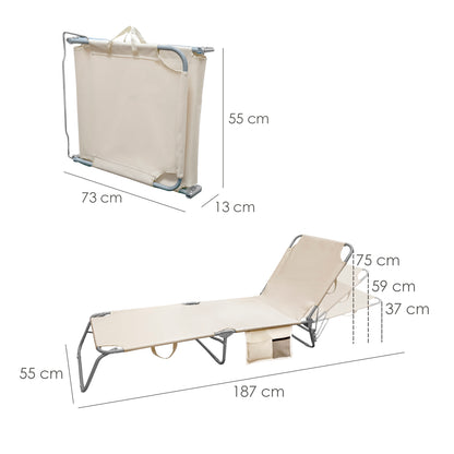 Cama Espreguiçadeira de Praia em Aço Com bolsos. Cor bege. Reclinável 3 posições, Espreguiçadeira de jardim, Espreguiçadeira de piscina.