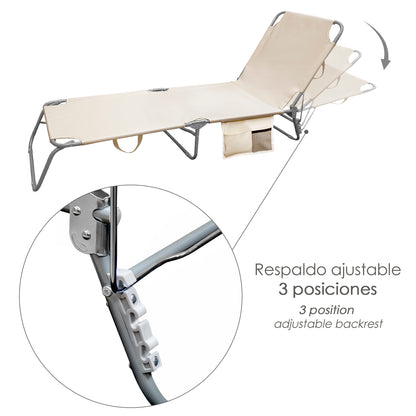 Cama Espreguiçadeira de Praia em Aço Com bolsos. Cor bege. Reclinável 3 posições, Espreguiçadeira de jardim, Espreguiçadeira de piscina.