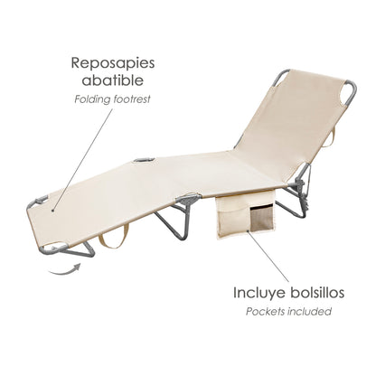 Cama Espreguiçadeira de Praia em Aço Com bolsos. Cor bege. Reclinável 3 posições, Espreguiçadeira de jardim, Espreguiçadeira de piscina.