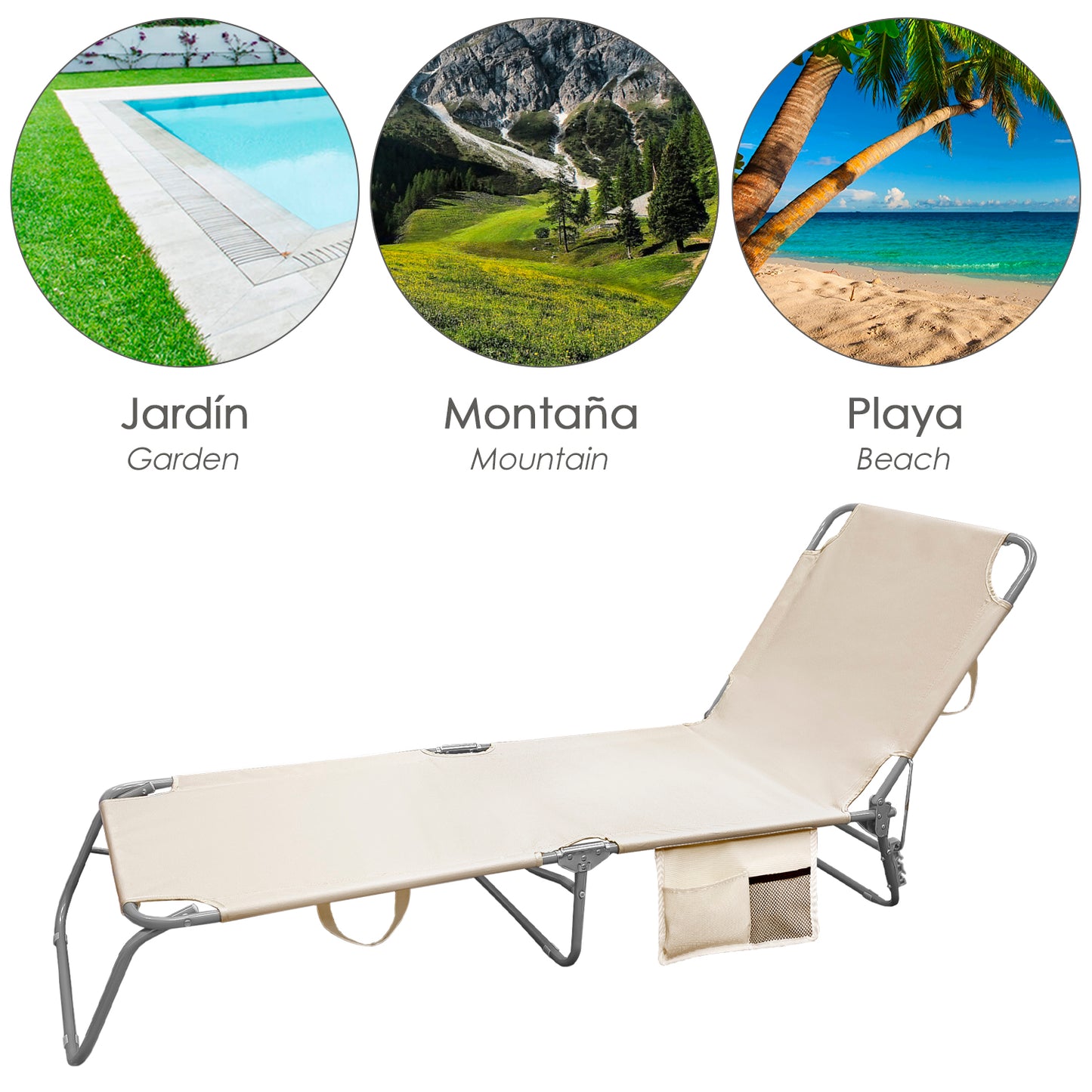 Cama Espreguiçadeira de Praia em Aço Com bolsos. Cor bege. Reclinável 3 posições, Espreguiçadeira de jardim, Espreguiçadeira de piscina.