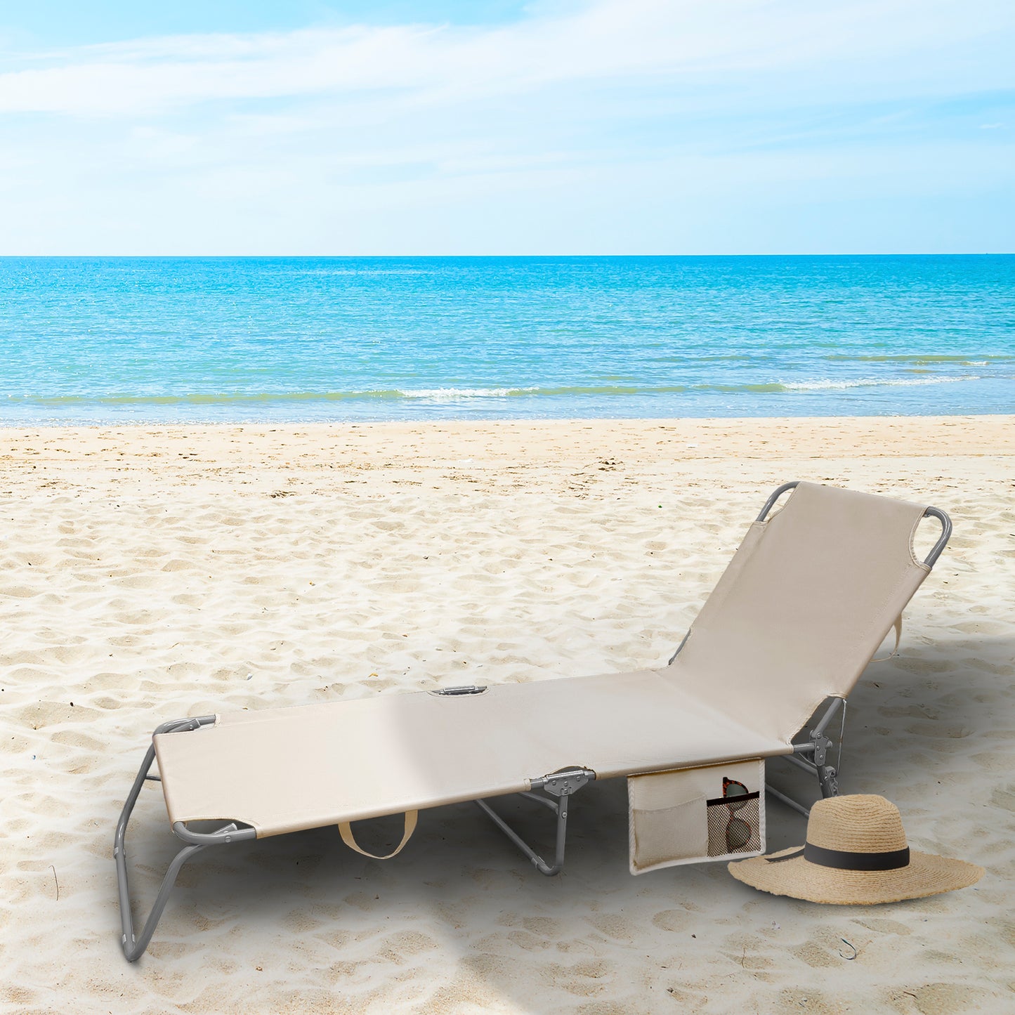 Cama Espreguiçadeira de Praia em Aço Com bolsos. Cor bege. Reclinável 3 posições, Espreguiçadeira de jardim, Espreguiçadeira de piscina.