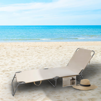 Cama Espreguiçadeira de Praia em Aço Com bolsos. Cor bege. Reclinável 3 posições, Espreguiçadeira de jardim, Espreguiçadeira de piscina.