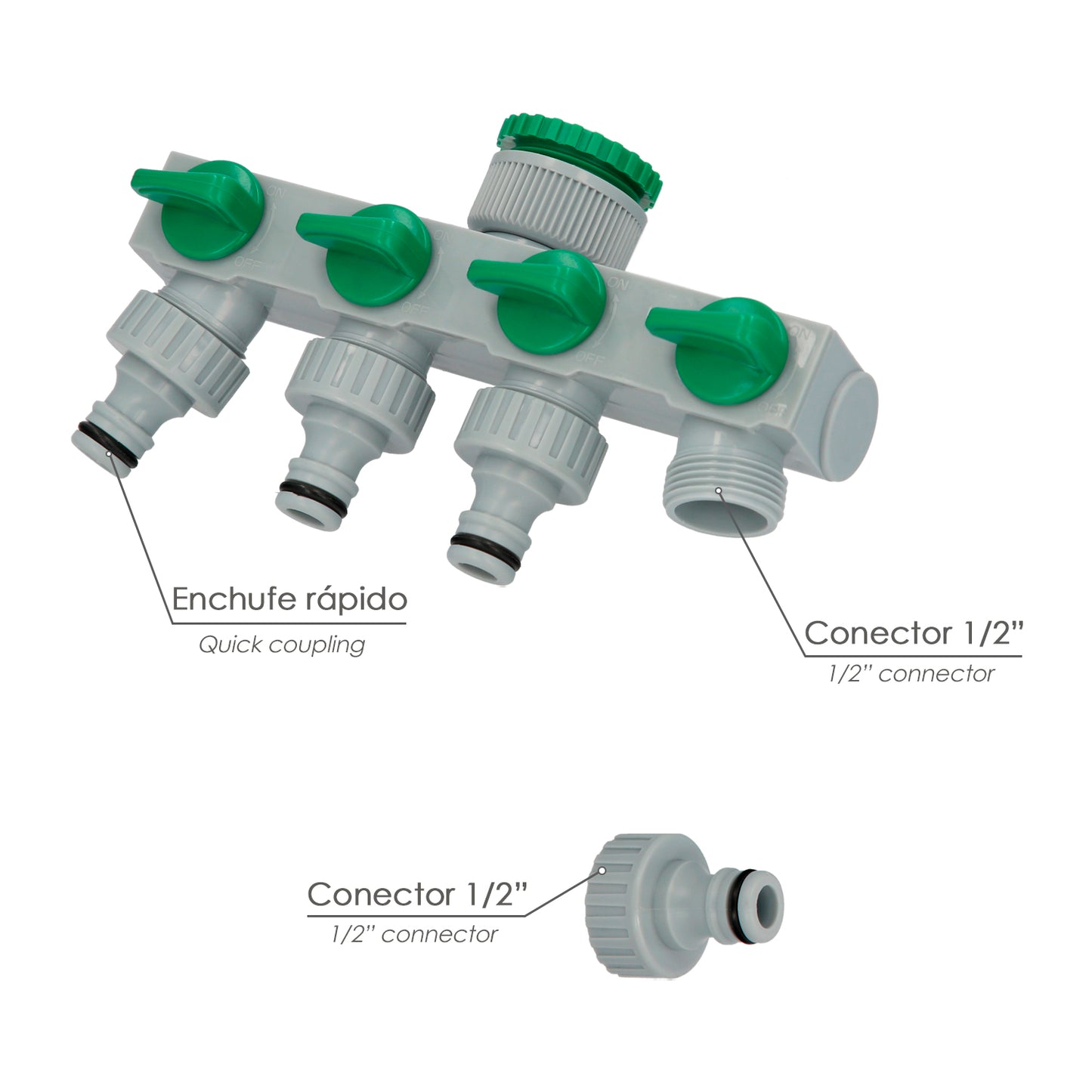 Adaptador Manguera Plastico 3/4" - 1"  4 Vias, Distribuidor 4 vias, Divisor Manguera, Ajuste Independiente, Tomas 1/2+Adaptador