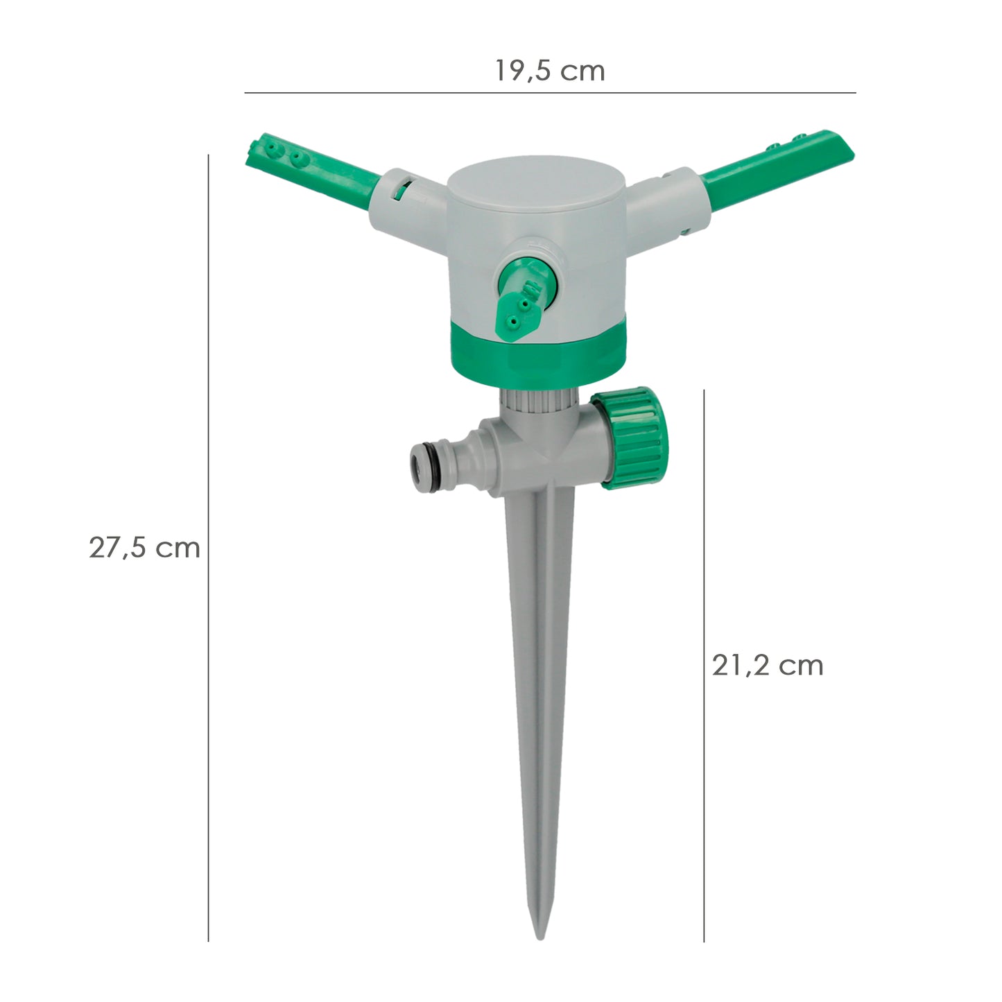 Aspersor de plástico de 3 braços com ponta e regulador de pressão.