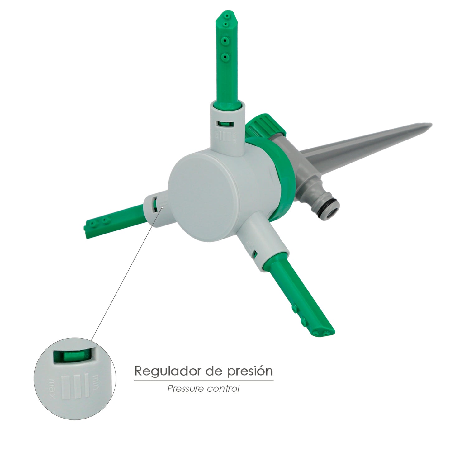 Aspersor de plástico de 3 braços com ponta e regulador de pressão.