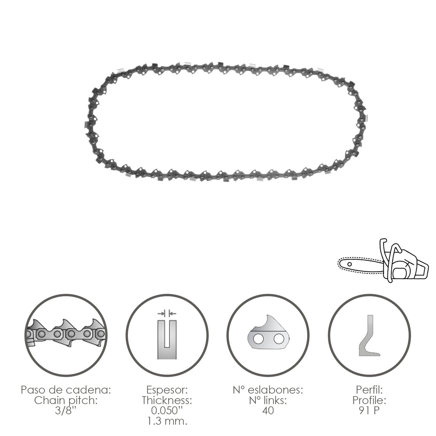 Corrente de motosserra 3/8" / 0,050" 1,3 mm. / 40 Links / 91 P