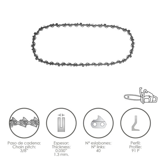 Corrente de motosserra 3/8" / 0,050" 1,3 mm. / 40 Links / 91 P