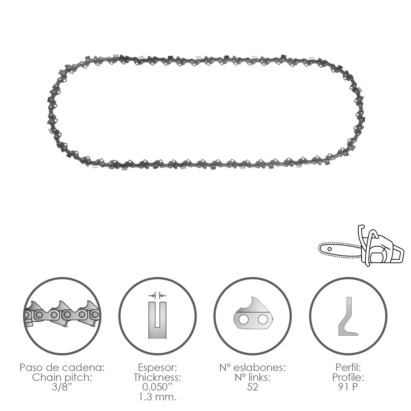 Corrente de motosserra 3/8" / 0,050" 1,3 mm. / 52 Links / 91 P