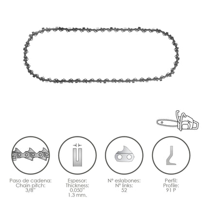Corrente de motosserra 3/8" / 0,050" 1,3 mm. / 52 Links / 91 P